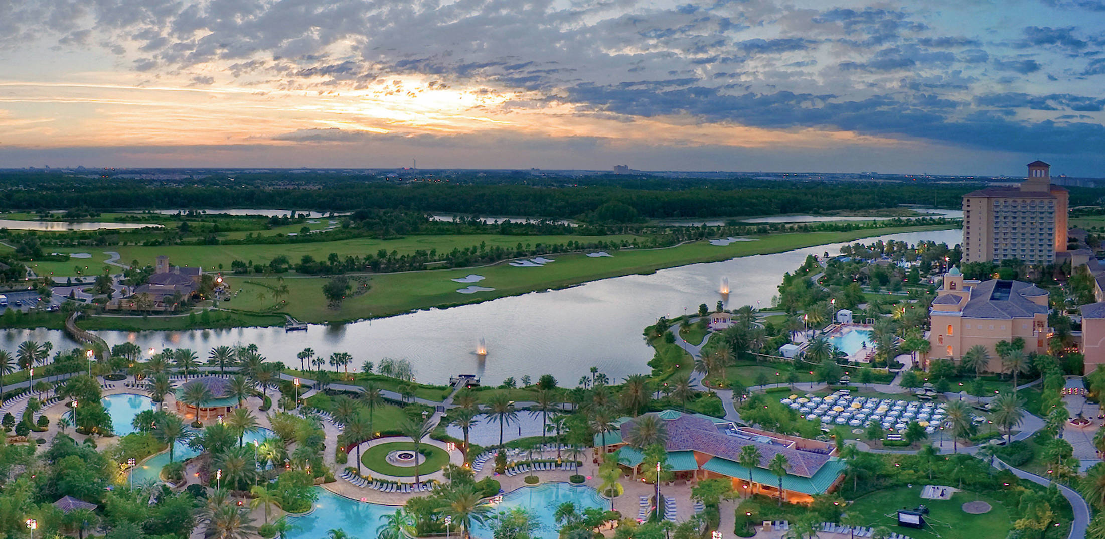 mcojw-river-0174-hor-feat View from the JW Marriott of the Grande Lakes, Orlando area showing pools, lakes, greenspace, and other properties