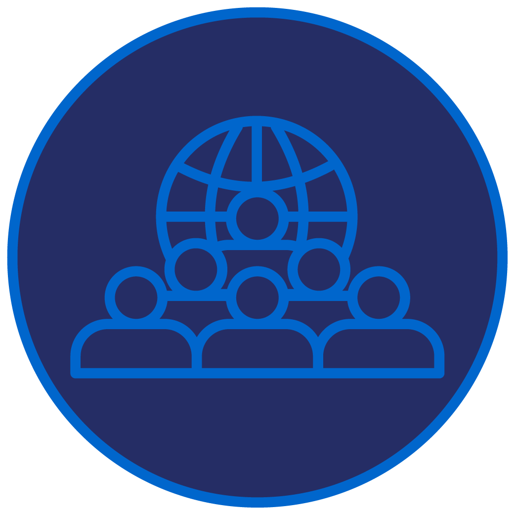 CMO CCO Icon_Representation Navy and bright blue outlined circular icon of six silhouettes and a network.
