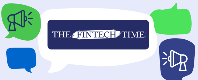 The Fintech Times logo inside of speech bubble with smaller green and blue speech bubbles and media icons surrounding.