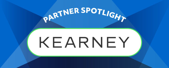 Partner Spotlight on Kearney. Bright blue spotlight overlay design.