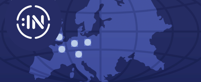 A light blue map of Europe against a dark blue background. 5 dots on the map highlight Paris, London, Brussels, Frankfurt, and Berlin- the locations of the 5 Disability:IN European Roundtables. in the upper right hand corner is the icon version of the Disability:IN logo